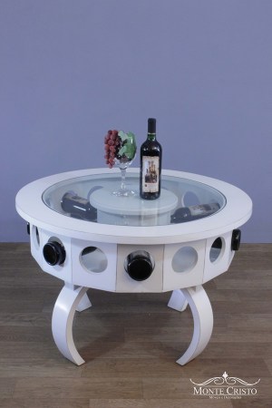 Mesa de centro redonda branco provençal para vinhos com tampo de vidro8